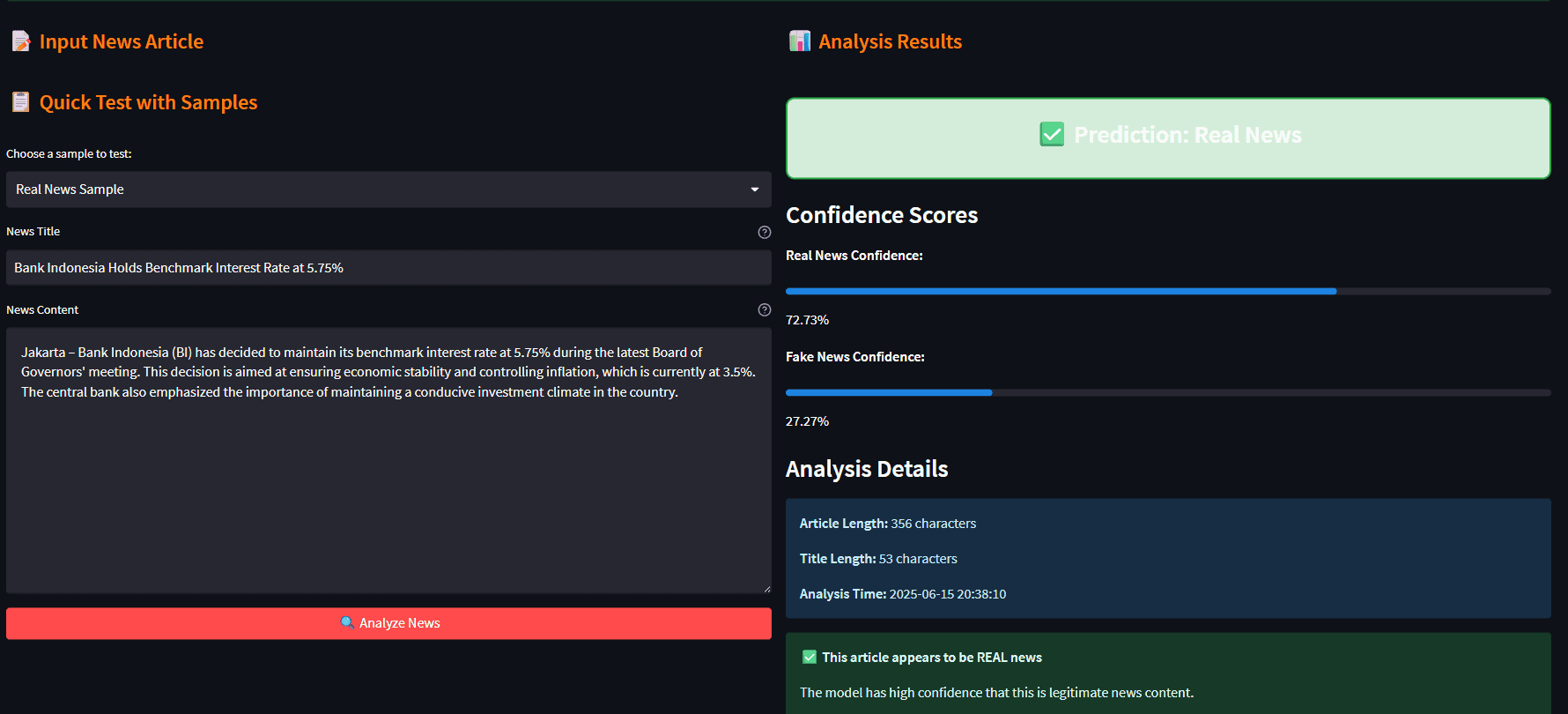Screenshot of Fake News Detection